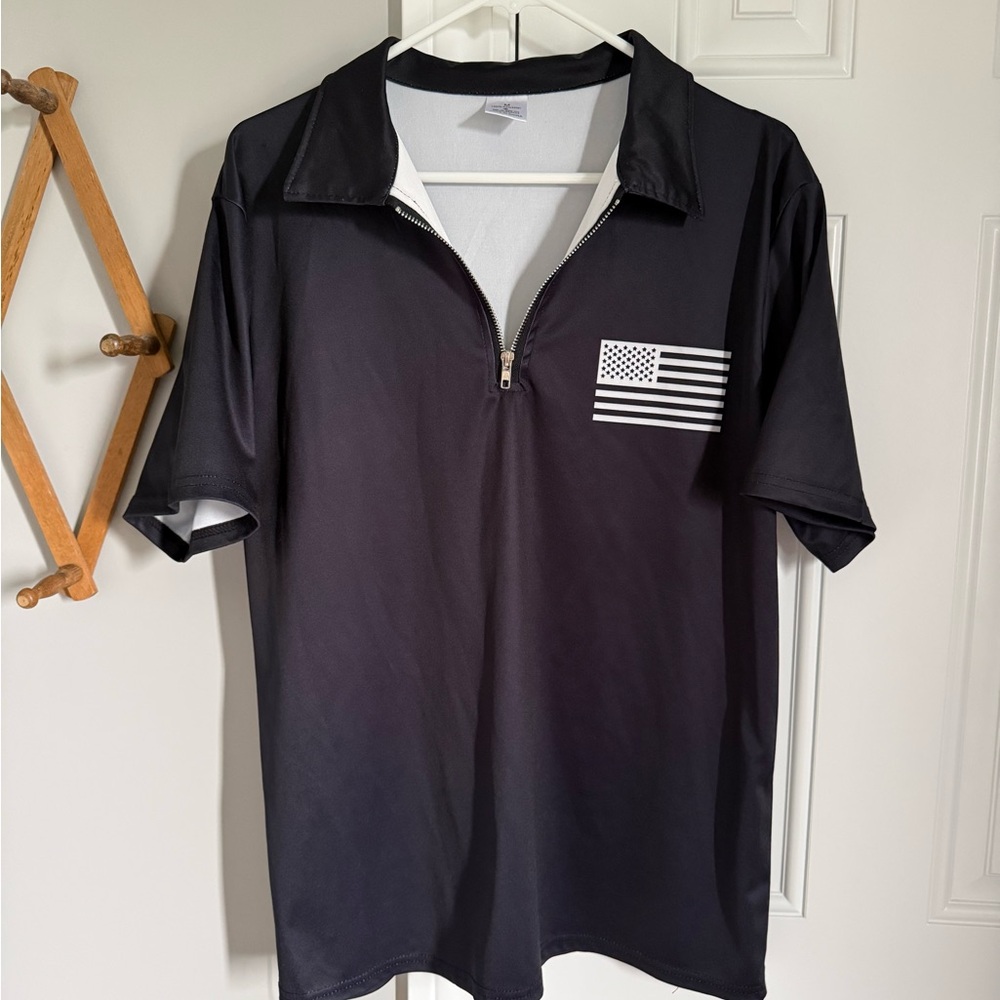 Men's Black Zip-Front Short Sleeve Shirt with Flag Detail